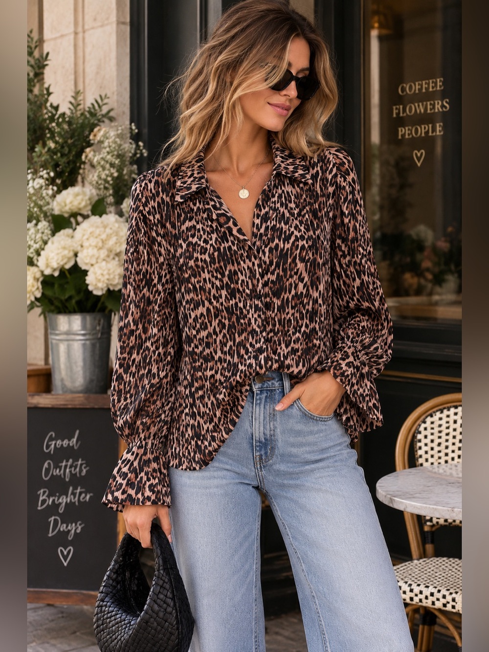 Good American NWT Leopard Pleated Blouse Bell Sleeve Top